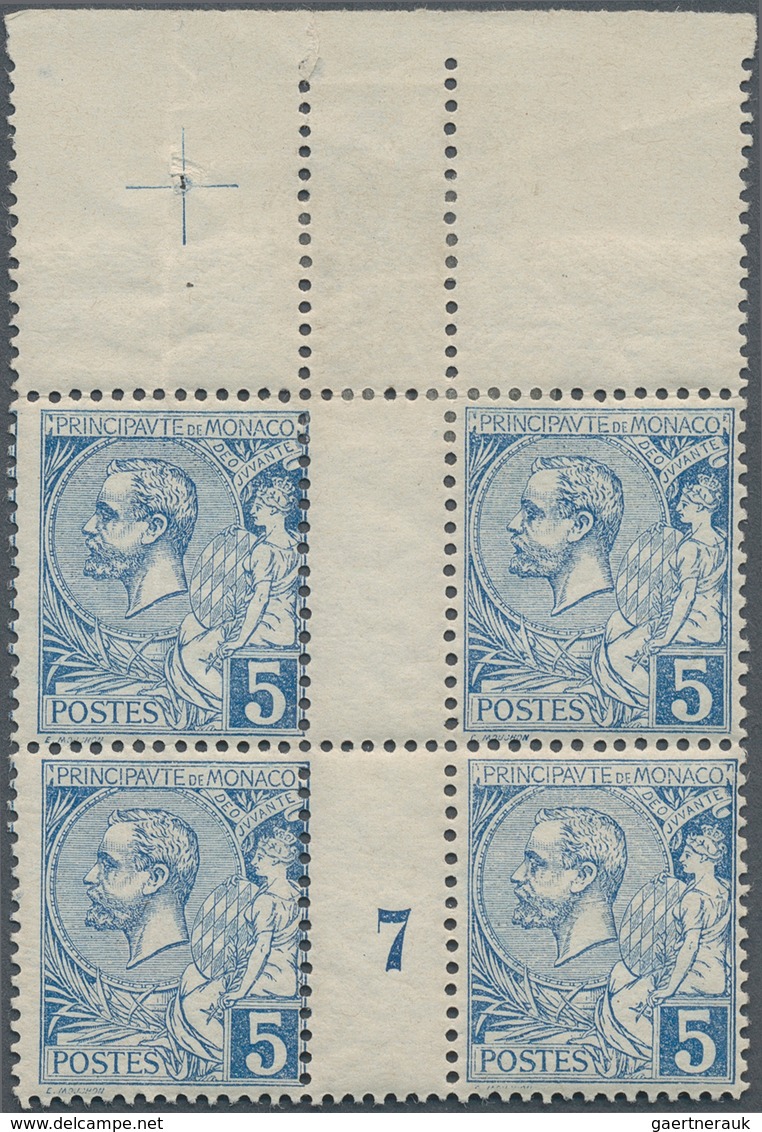 Monaco: 1897, 5c. Blue, Top Marginal Gutter Block Of Four, Lower Pair With Millesime "7", This Pair - Ungebraucht