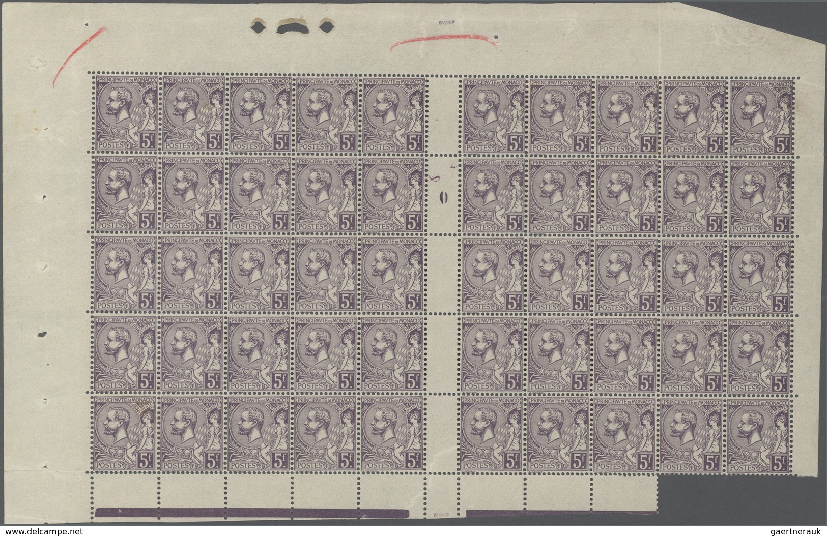 Monaco: 1920, Prince Albert I. 5fr. Violet Complete Sheet With 50 Stamps And Gutter (millesime ‚0‘) - Ungebraucht