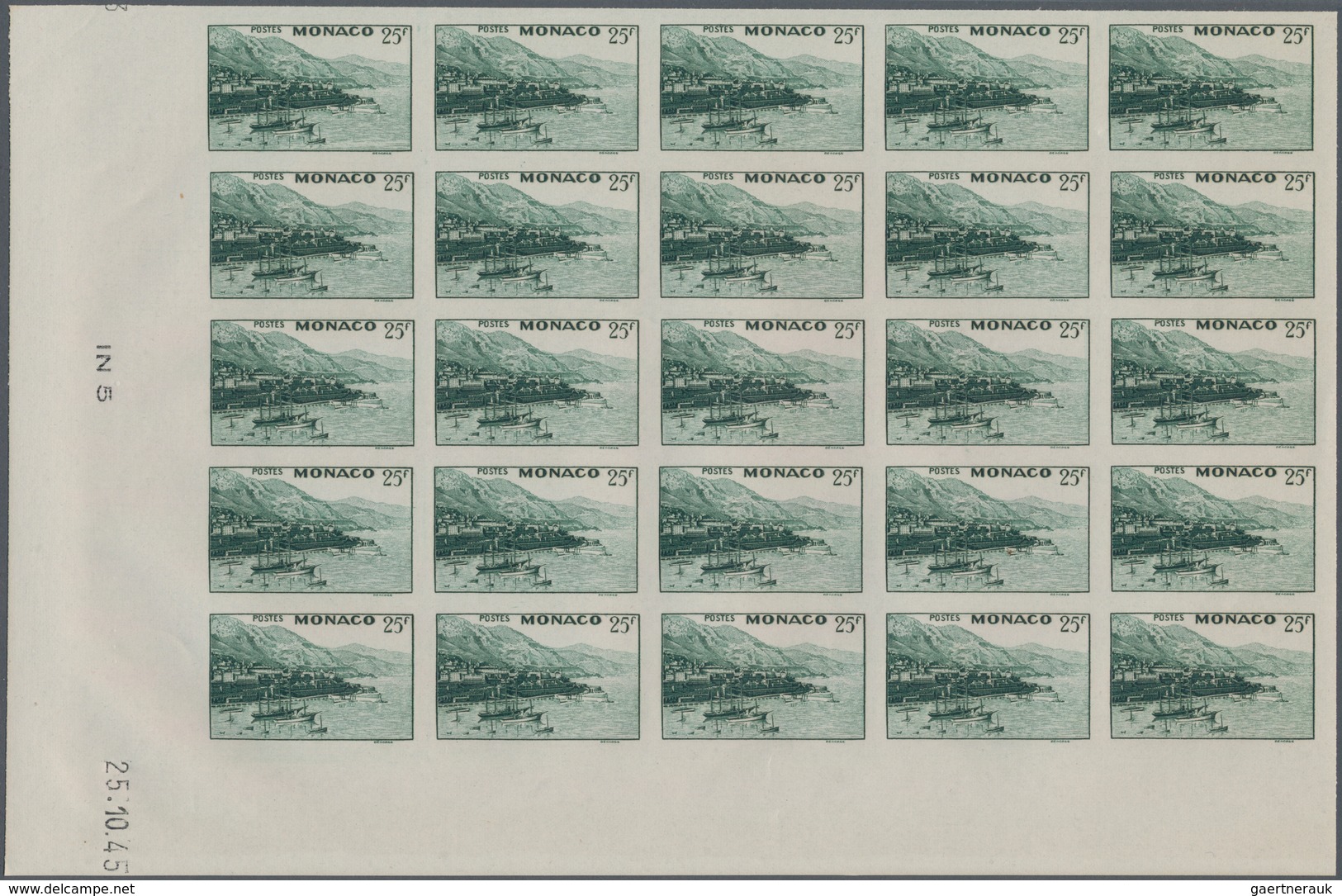 Monaco: 1946, Pictorial Definitives Complete Set Of Six In IMPERFORATE Blocks Of 25 From Lower Corne - Ongebruikt