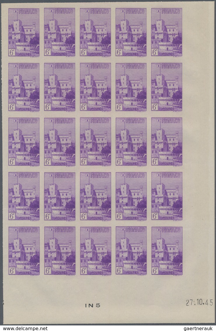 Monaco: 1946, Pictorial Definitives Complete Set Of Six In IMPERFORATE Blocks Of 25 From Lower Corne - Ongebruikt