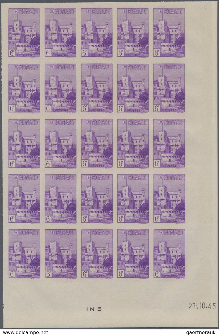 Monaco: 1946, Pictorial Definitives Complete Set Of Six In IMPERFORATE Blocks Of 25 From Lower Corne - Unused Stamps