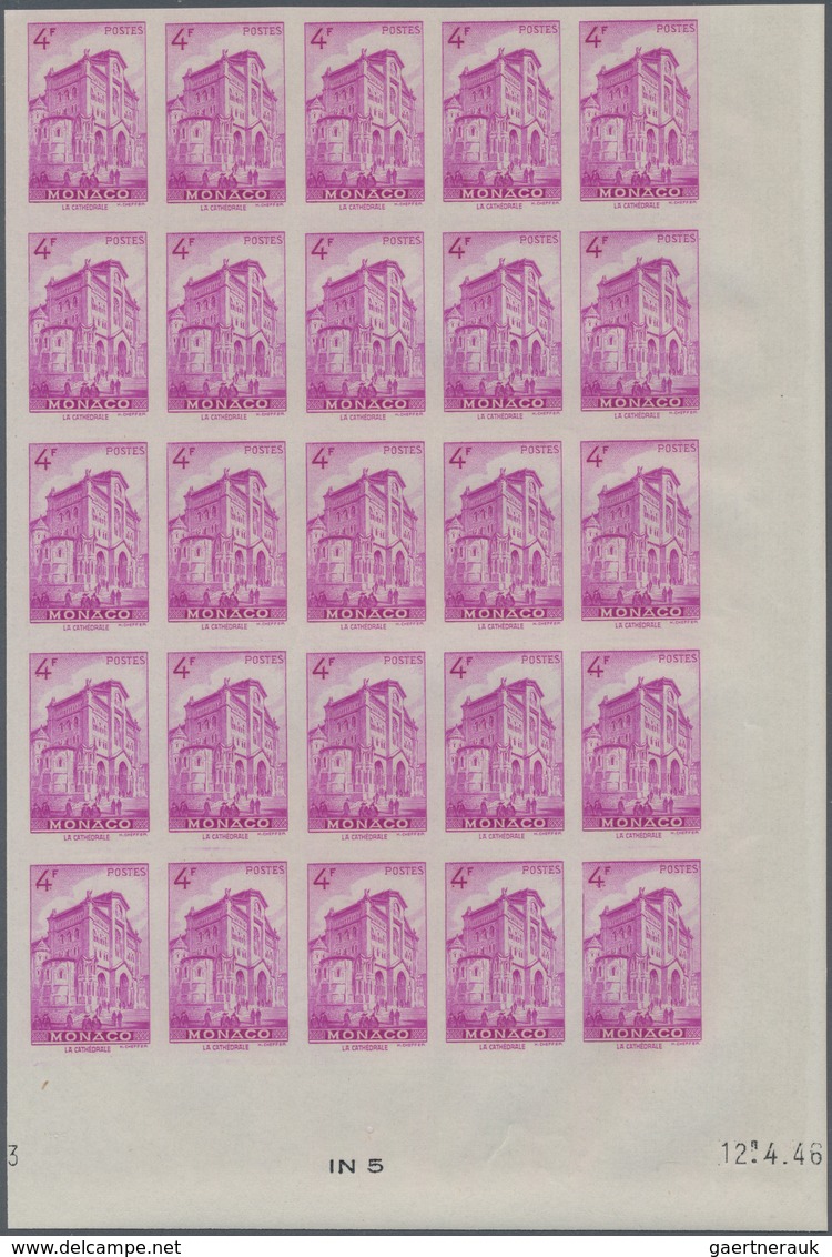 Monaco: 1946, Pictorial Definitives Complete Set Of Six In IMPERFORATE Blocks Of 25 From Lower Corne - Unused Stamps