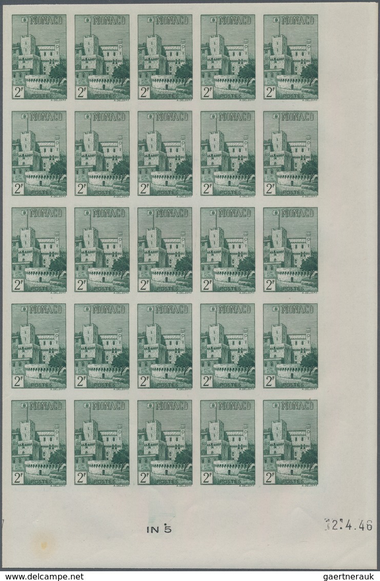 Monaco: 1946, Pictorial Definitives Complete Set Of Six In IMPERFORATE Blocks Of 25 From Lower Corne - Ongebruikt