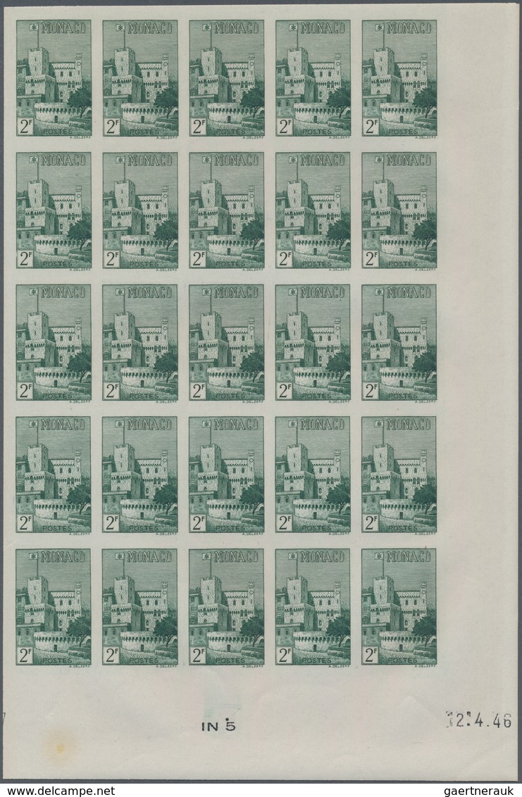 Monaco: 1946, Pictorial Definitives Complete Set Of Six In IMPERFORATE Blocks Of 25 From Lower Corne - Unused Stamps