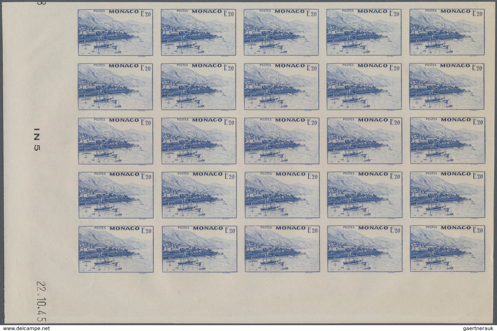 Monaco: 1946, Pictorial Definitives Complete Set Of Six In IMPERFORATE Blocks Of 25 From Lower Corne - Ungebraucht