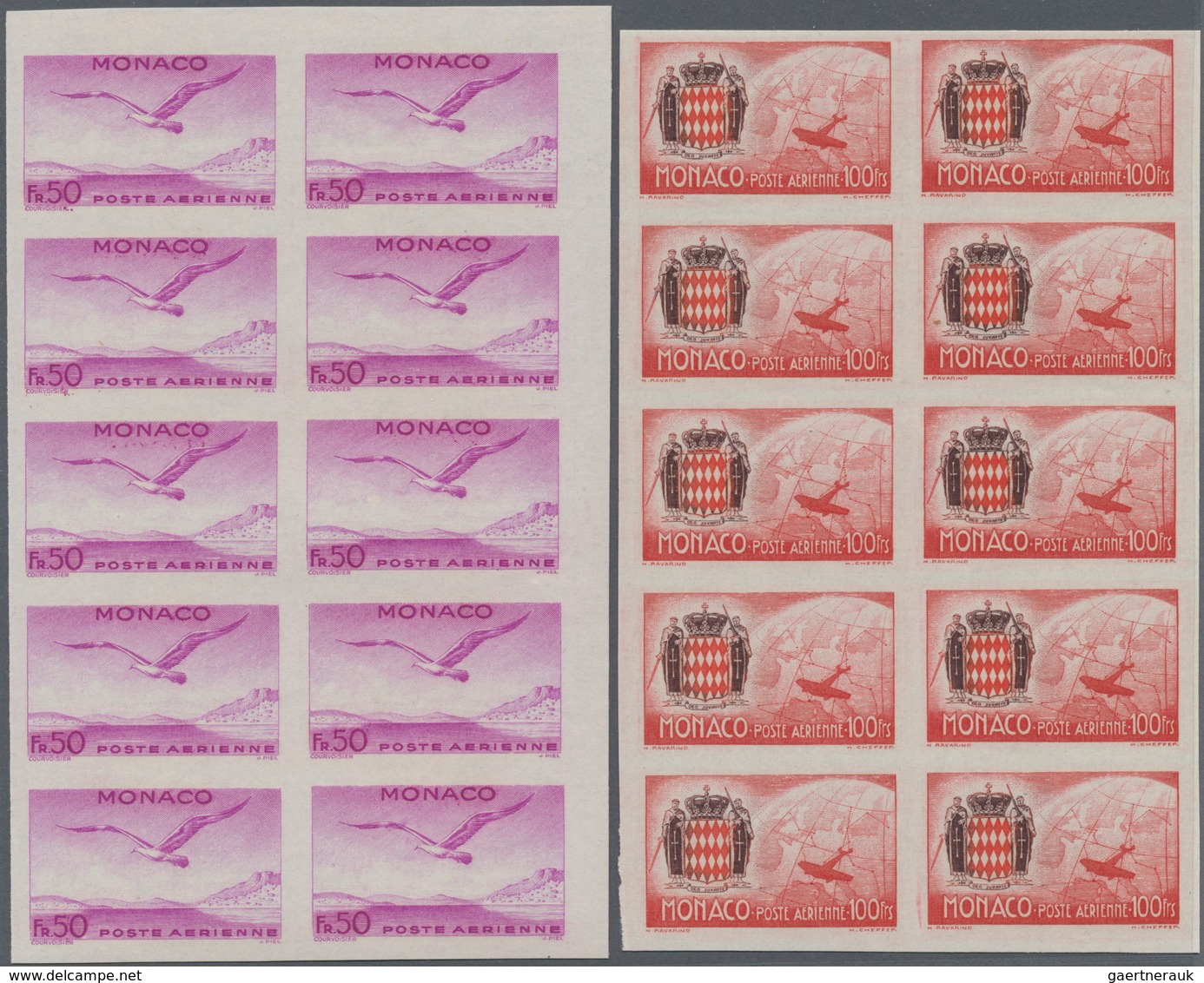 Monaco: 1942, Airmail Issue Complete Set Of Six In IMPERFORATE Blocks Of Ten, Mint Never Hinged And - Unused Stamps