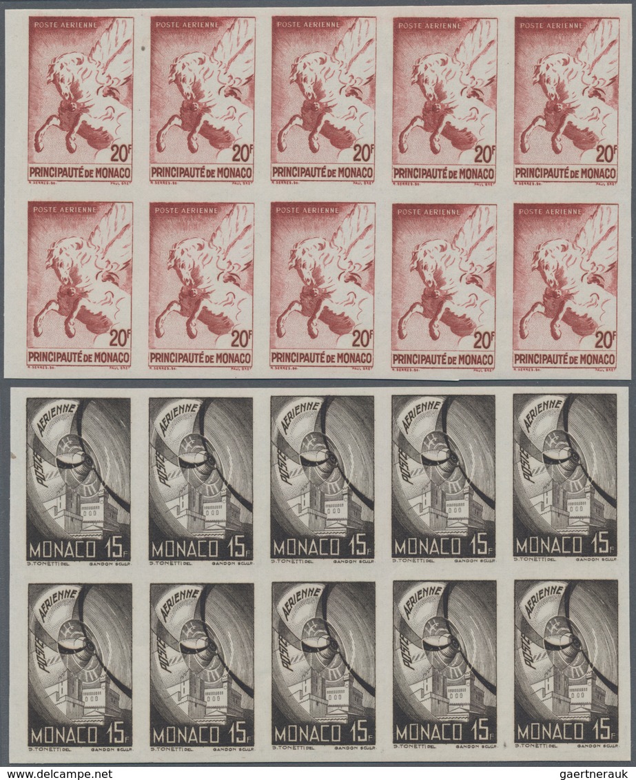 Monaco: 1942, Airmail Issue Complete Set Of Six In IMPERFORATE Blocks Of Ten, Mint Never Hinged And - Unused Stamps