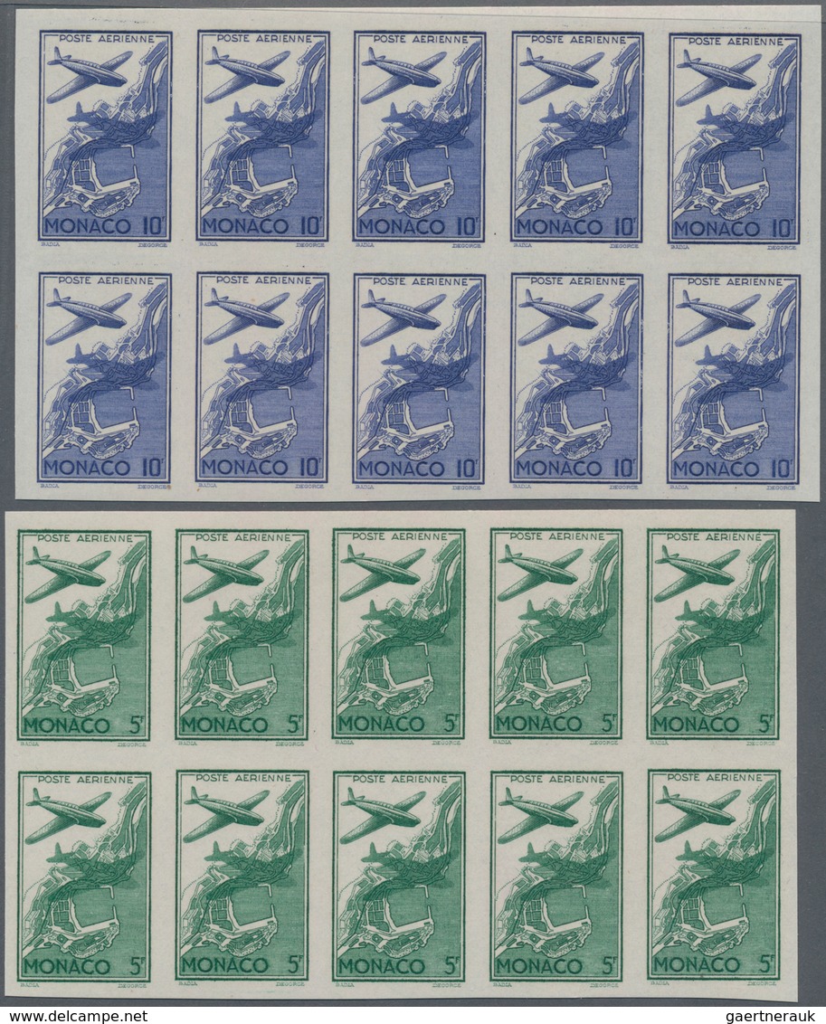Monaco: 1942, Airmail Issue Complete Set Of Six In IMPERFORATE Blocks Of Ten, Mint Never Hinged And - Unused Stamps