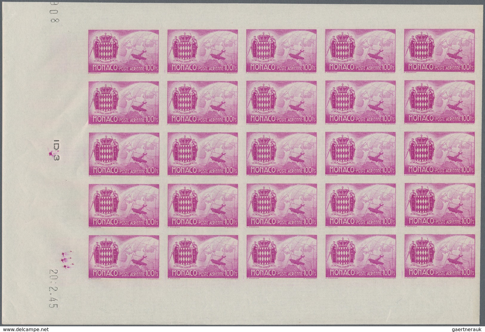 Monaco: 1945, UNISSUED Airmail Issue Without Overprint Complete Set Of Five In IMPERFORATE Blocks Of - Ungebraucht