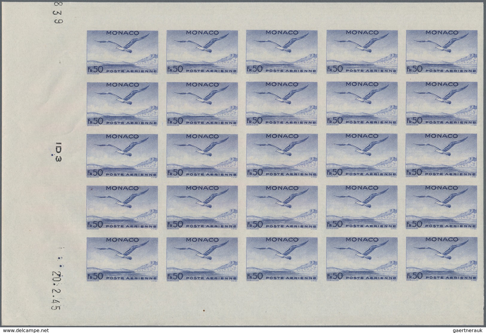 Monaco: 1945, UNISSUED Airmail Issue Without Overprint Complete Set Of Five In IMPERFORATE Blocks Of - Ungebraucht