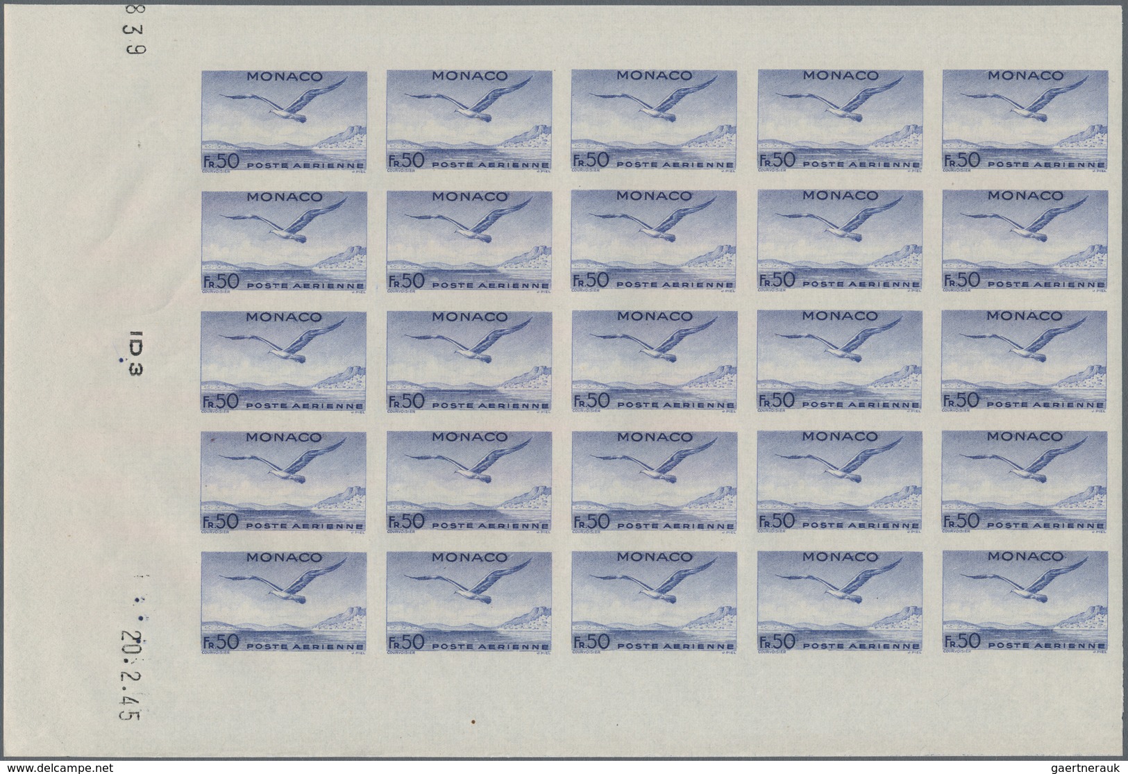 Monaco: 1945, UNISSUED Airmail Issue Without Overprint Complete Set Of Five In IMPERFORATE Blocks Of - Unused Stamps