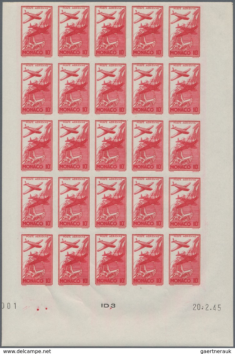 Monaco: 1945, UNISSUED Airmail Issue Without Overprint Complete Set Of Five In IMPERFORATE Blocks Of - Unused Stamps
