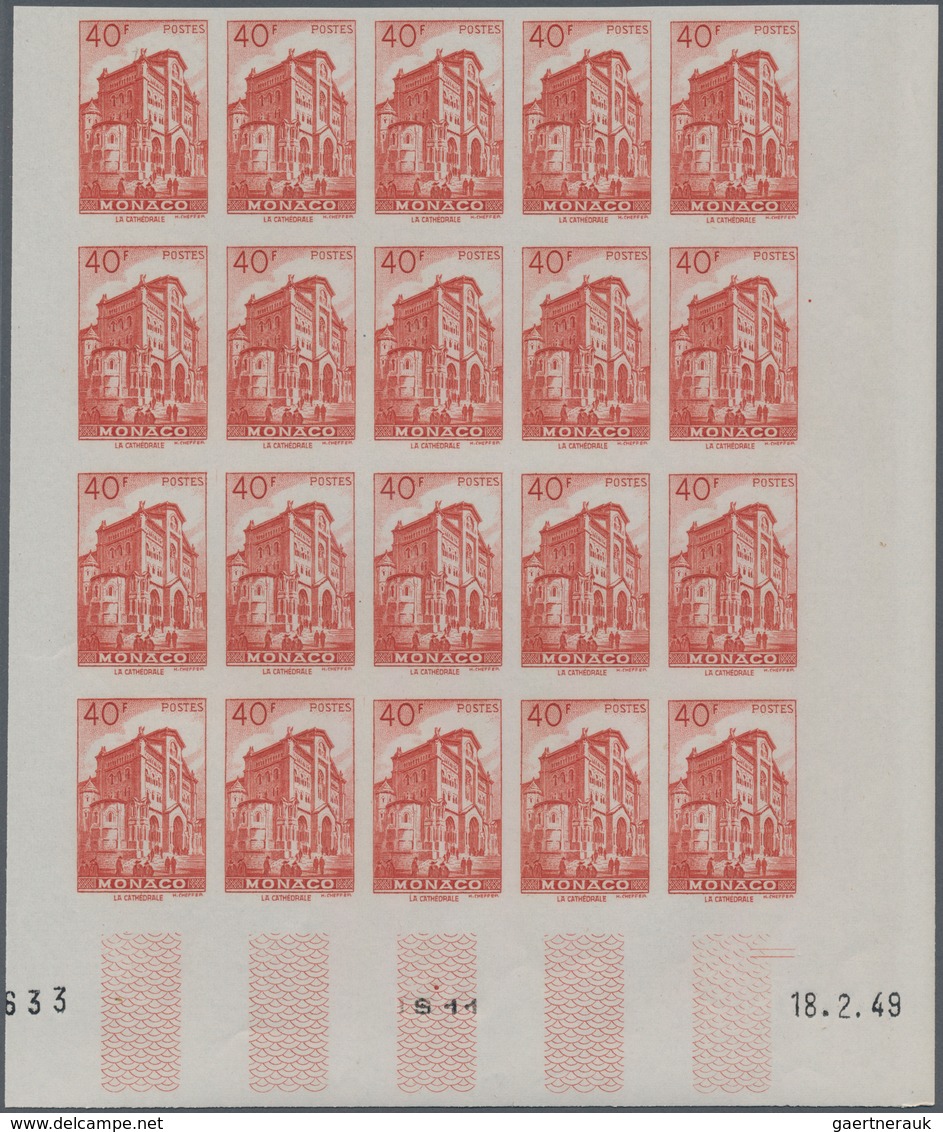 Monaco: 1948/1949, Pictorial Definitives Complete Set Of 13 In IMPERFORATE Blocks Of 20 From Lower M - Ungebraucht
