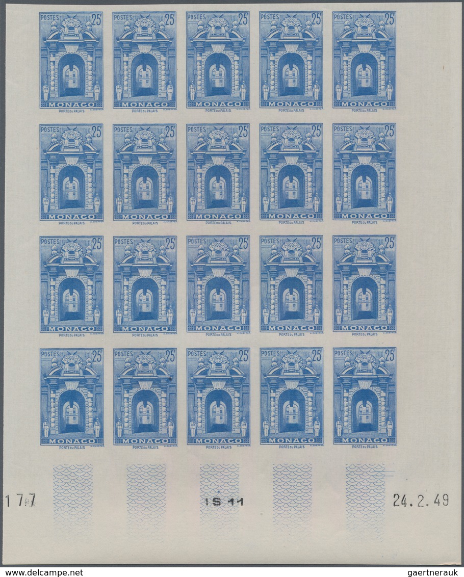 Monaco: 1948/1949, pictorial definitives complete set of 13 in IMPERFORATE blocks of 20 from lower m