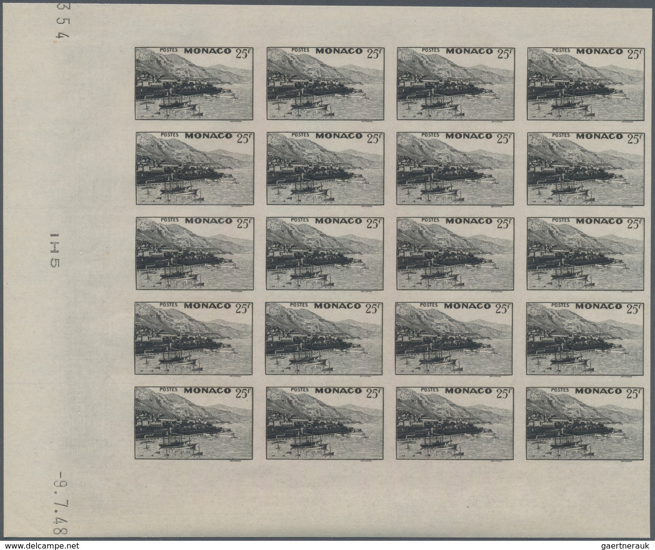 Monaco: 1948/1949, pictorial definitives complete set of 13 in IMPERFORATE blocks of 20 from lower m