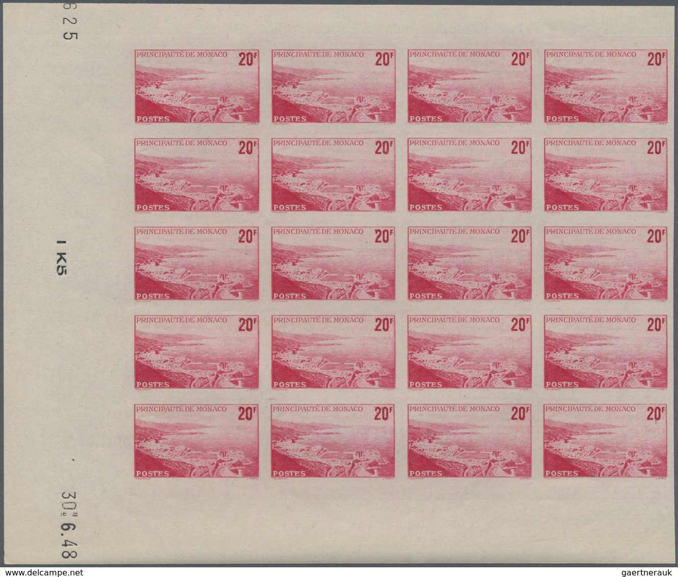 Monaco: 1948/1949, pictorial definitives complete set of 13 in IMPERFORATE blocks of 20 from lower m