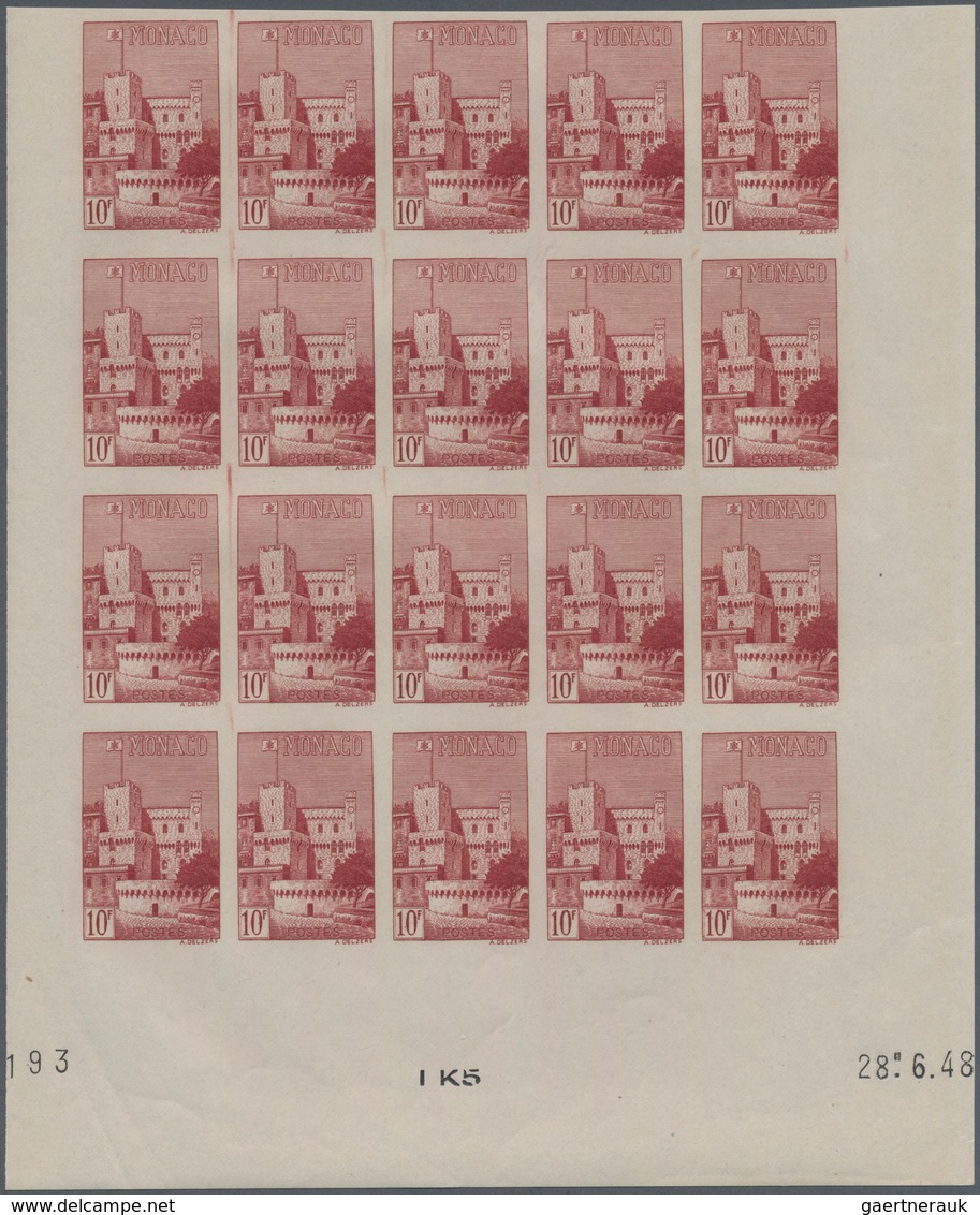 Monaco: 1948/1949, pictorial definitives complete set of 13 in IMPERFORATE blocks of 20 from lower m