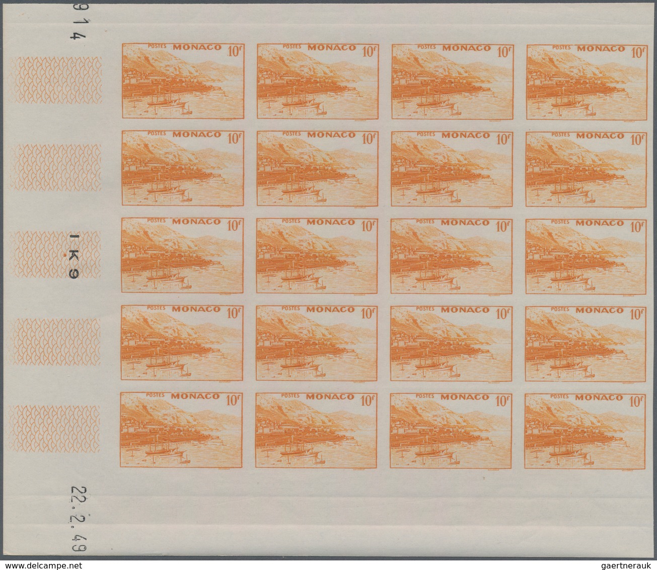 Monaco: 1948/1949, pictorial definitives complete set of 13 in IMPERFORATE blocks of 20 from lower m