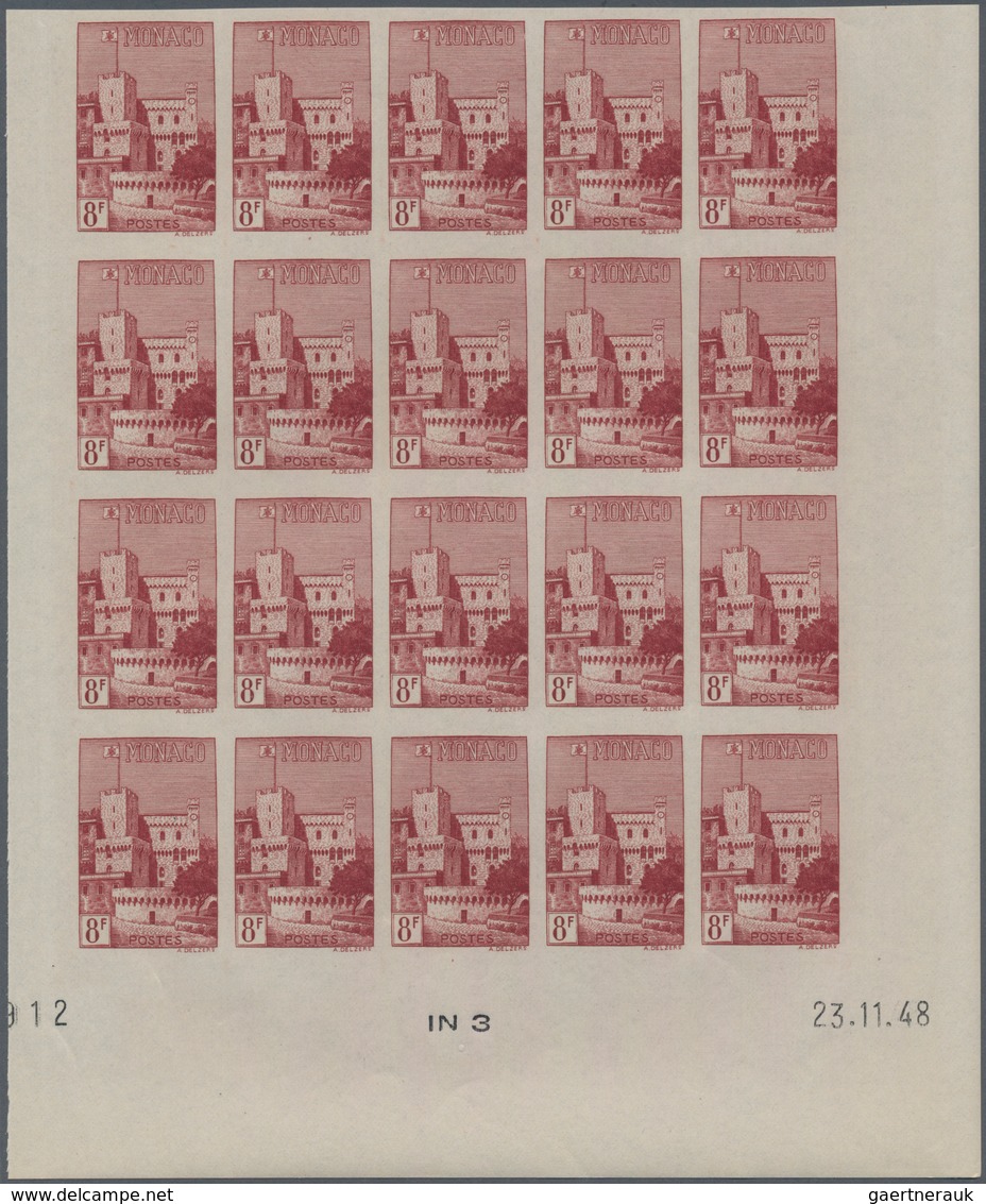 Monaco: 1948/1949, pictorial definitives complete set of 13 in IMPERFORATE blocks of 20 from lower m