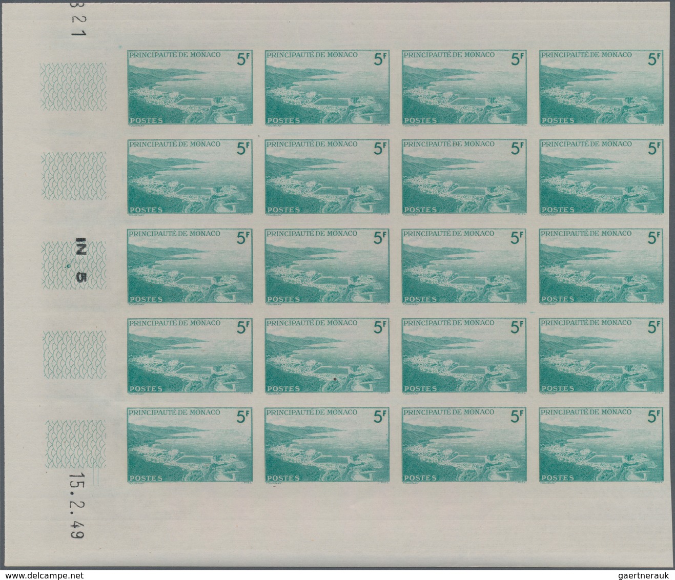 Monaco: 1948/1949, pictorial definitives complete set of 13 in IMPERFORATE blocks of 20 from lower m