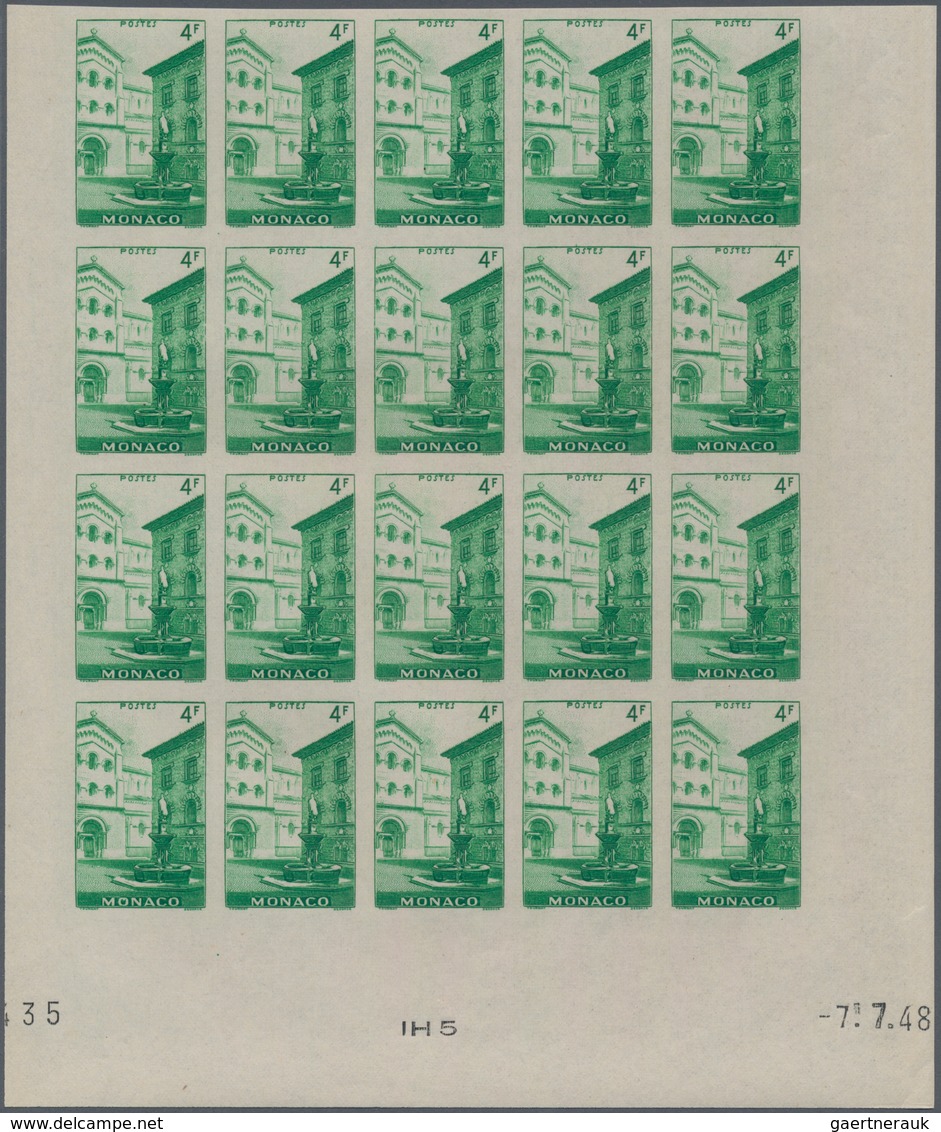 Monaco: 1948/1949, pictorial definitives complete set of 13 in IMPERFORATE blocks of 20 from lower m