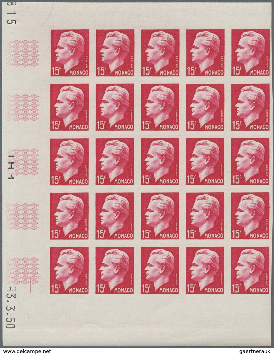 Monaco: 1950/1951, Prince Rainier III. Definitives Set Of Seven In IMPERFORATE Blocks Of 25 With Mar - Unused Stamps