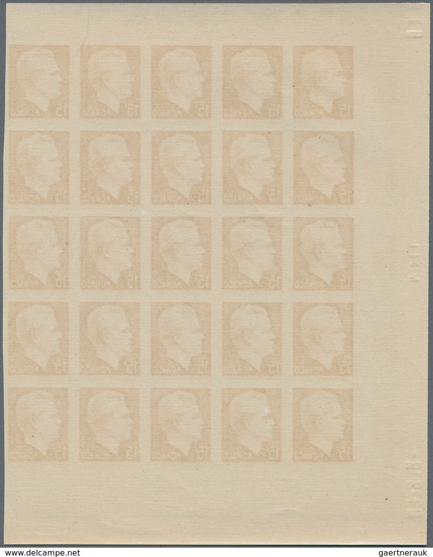 Monaco: 1950/1951, Prince Rainier III. Definitives Set Of Seven In IMPERFORATE Blocks Of 25 With Mar - Unused Stamps