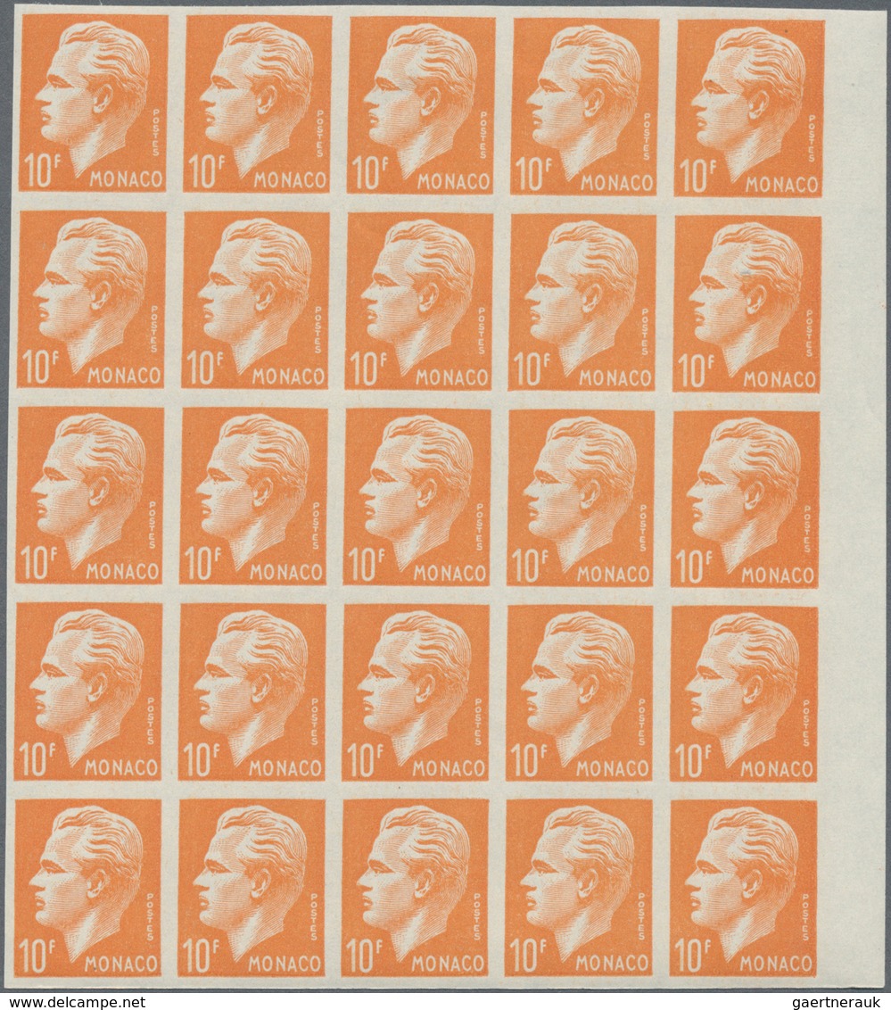 Monaco: 1950/1951, Prince Rainier III. Definitives Set Of Seven In IMPERFORATE Blocks Of 25 With Mar - Neufs