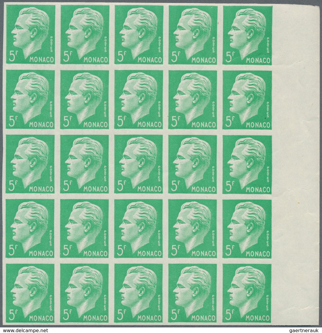 Monaco: 1950/1951, Prince Rainier III. Definitives Set Of Seven In IMPERFORATE Blocks Of 25 With Mar - Unused Stamps