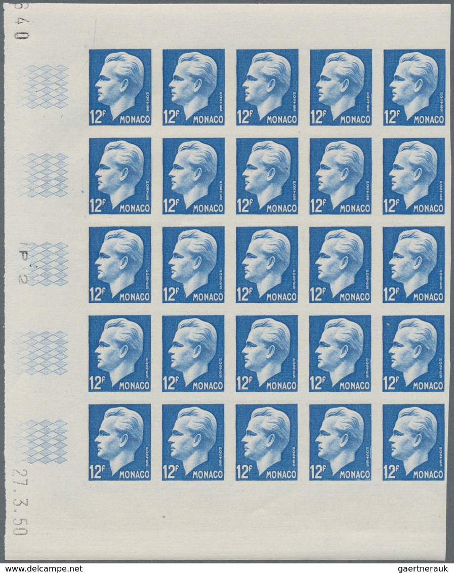 Monaco: 1950/1951, Prince Rainier III. definitives set of seven in IMPERFORATE blocks of 25 with mar