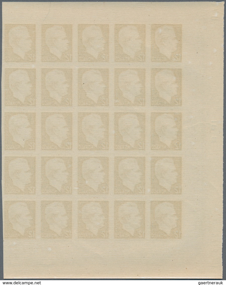 Monaco: 1950/1951, Prince Rainier III. definitives set of seven in IMPERFORATE blocks of 25 with mar