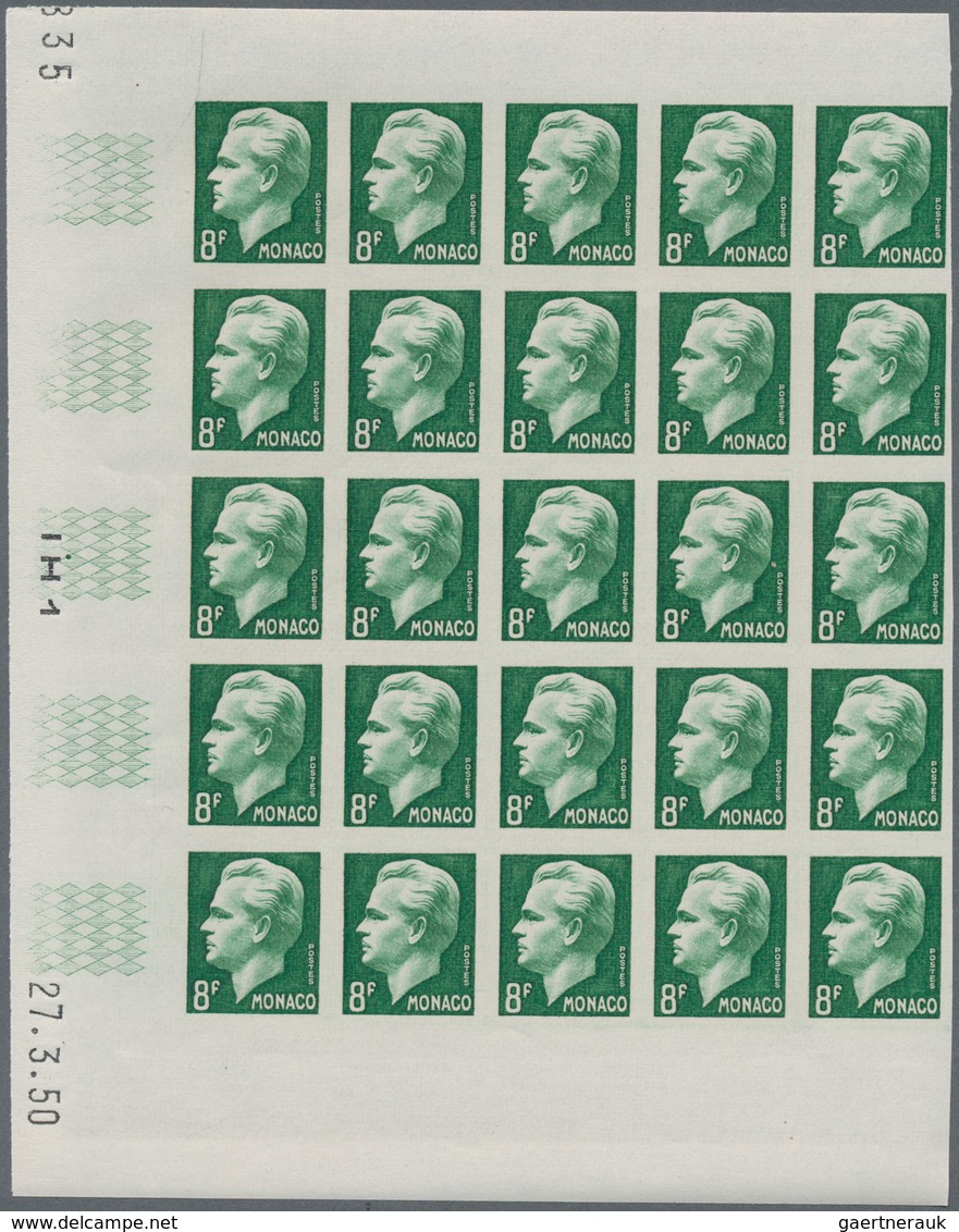 Monaco: 1950/1951, Prince Rainier III. definitives set of seven in IMPERFORATE blocks of 25 with mar