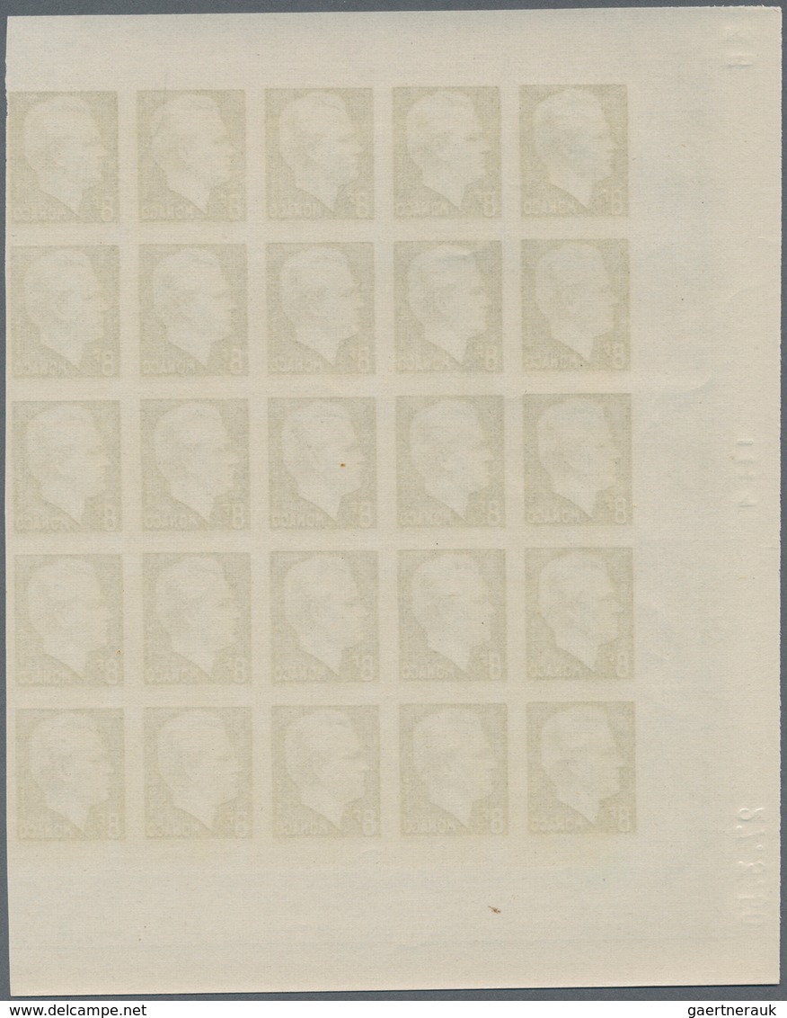 Monaco: 1950/1951, Prince Rainier III. definitives set of seven in IMPERFORATE blocks of 25 with mar