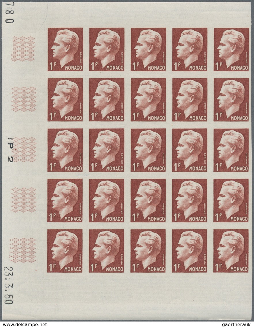 Monaco: 1950/1951, Prince Rainier III. definitives set of seven in IMPERFORATE blocks of 25 with mar