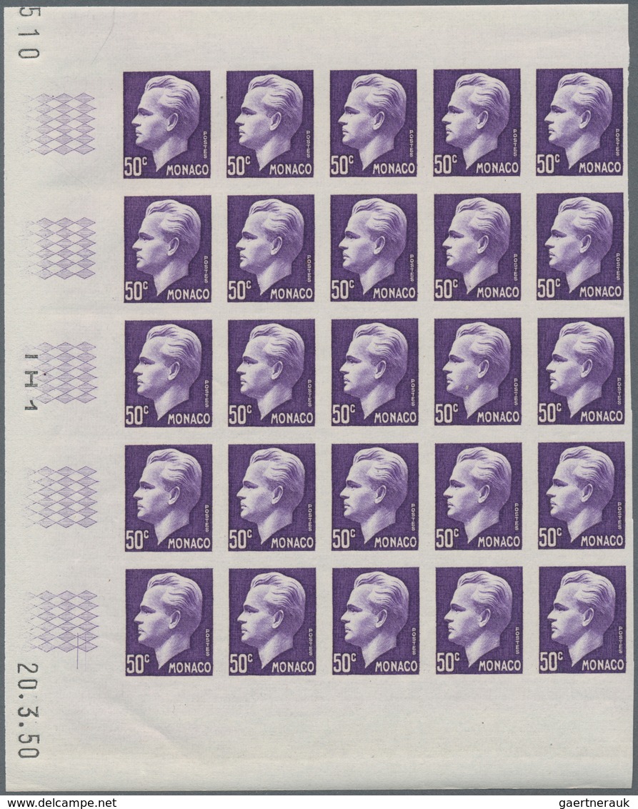 Monaco: 1950/1951, Prince Rainier III. definitives set of seven in IMPERFORATE blocks of 25 with mar