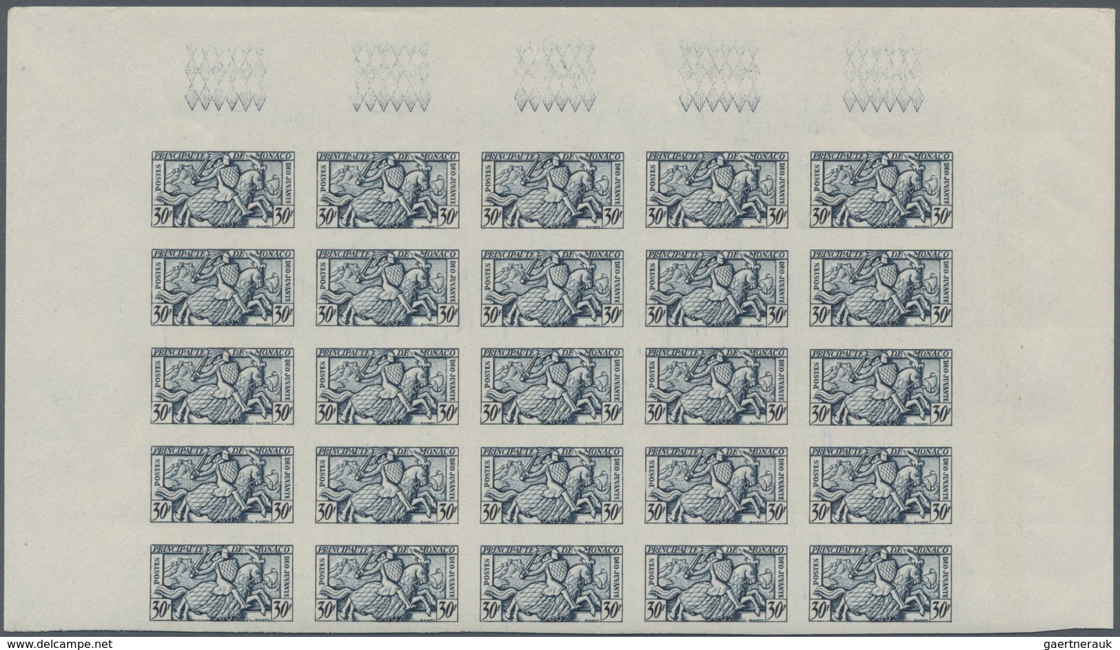 Monaco: 1951, Visiting Card Stamps Complete Set Of Five In IMPERFORATE Blocks Of 25 From Upper Margi - Neufs