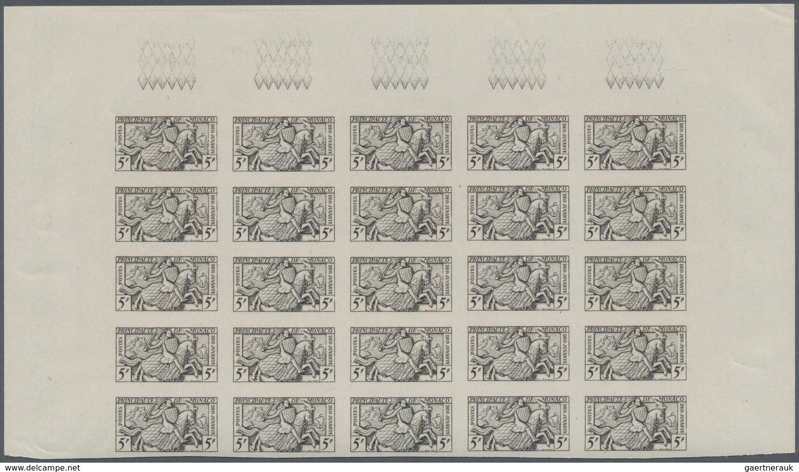 Monaco: 1951, Visiting card stamps complete set of five in IMPERFORATE blocks of 25 from upper margi