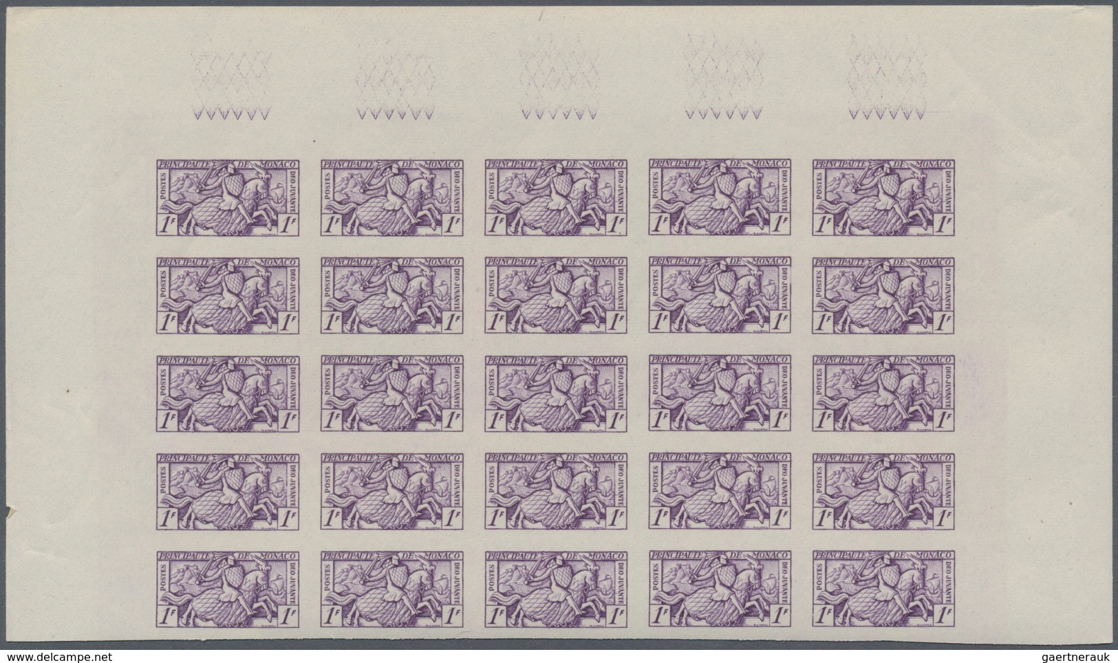 Monaco: 1951, Visiting card stamps complete set of five in IMPERFORATE blocks of 25 from upper margi