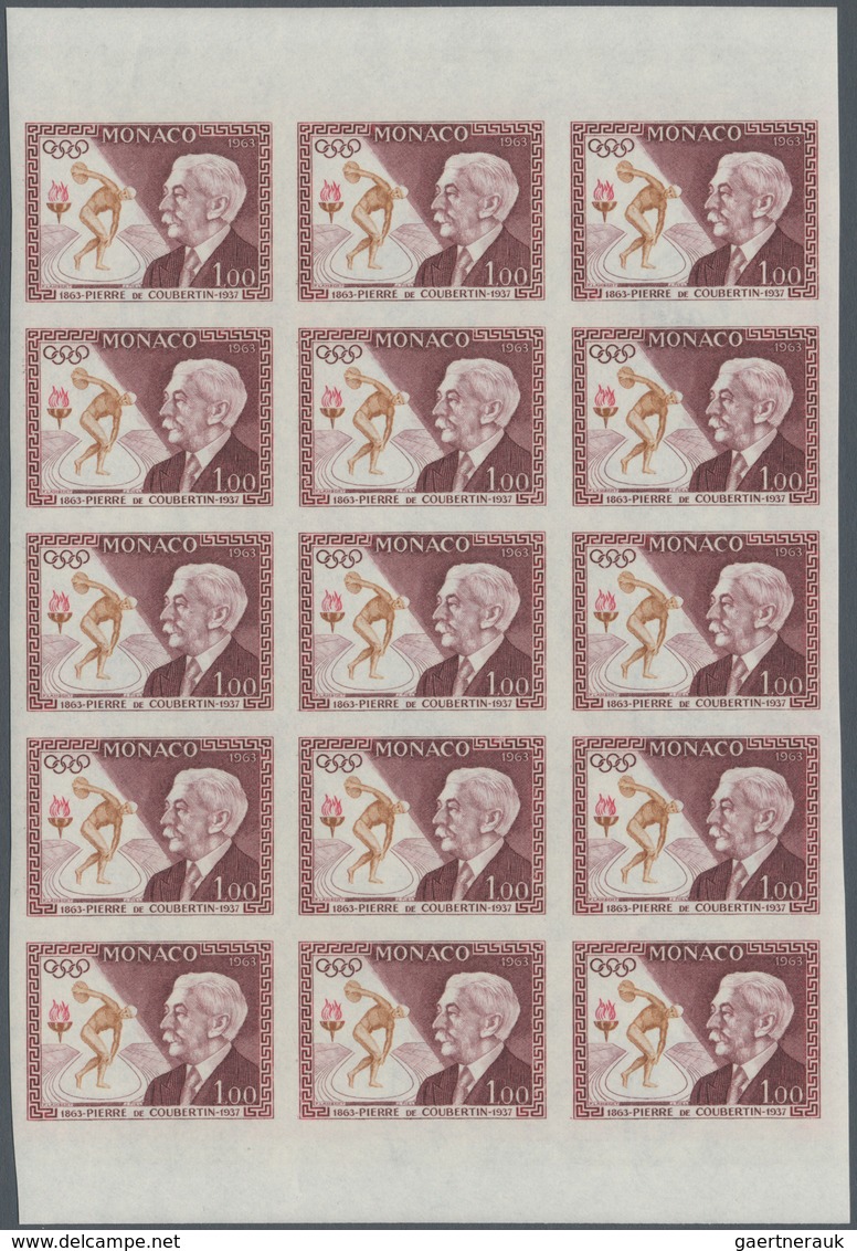 Monaco: 1963, Monaco, Birth Centenary Of Pierre De Coubertin, 1fr. Imperforate Block Of 15, Unmounte - Unused Stamps