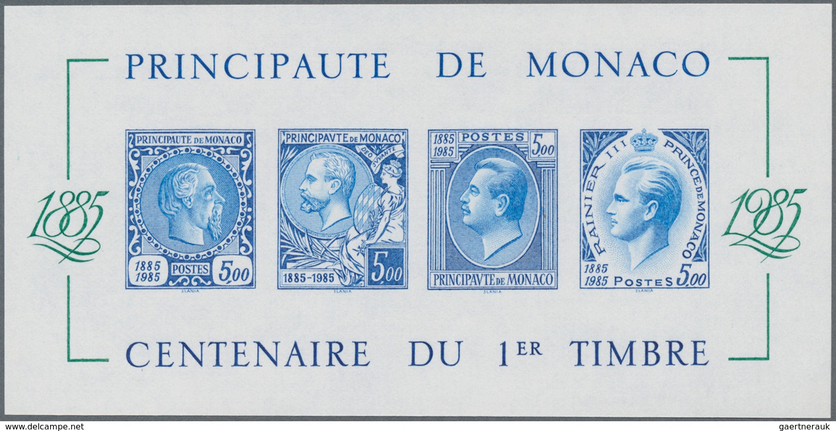 Monaco: 1985, Centenary Of Stamps In Monaco IMPERFORATE Miniature Sheet In Blue, Mint Never Hinged A - Ongebruikt