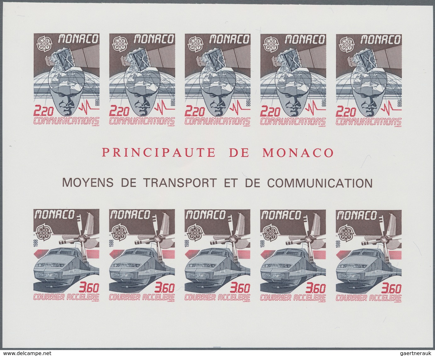 Monaco: 1988, Europa-CEPT ‚Transportation (train TGV And Satellite)‘ IMPERFORATE Miniature Sheet, Mi - Ongebruikt