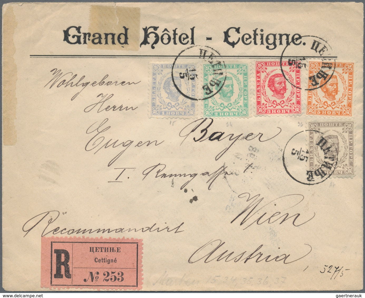 Montenegro: 1898 Printed Envelope Of The "Grand Hotel-Cetigne" Used Registered To Vienna, Franked By - Montenegro