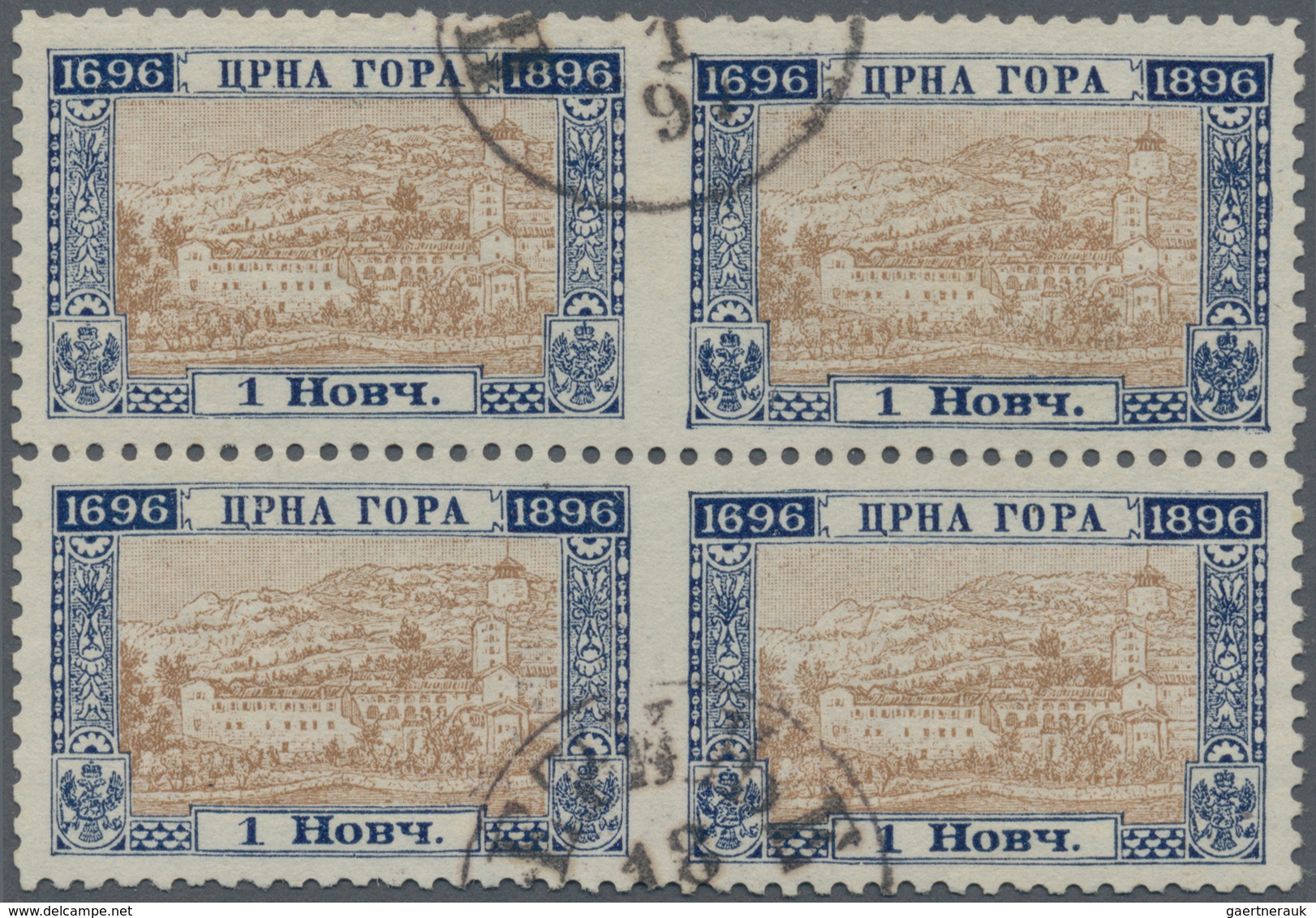 Montenegro: 1896, 1 Nkr Blue/brown 'Bicentenary Of Dynasty', Perf. 10 1/2, Block Of 4 With Verticall - Montenegro