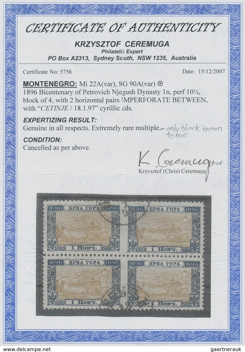 Montenegro: 1896, 1 Nkr Blue/brown 'Bicentenary Of Dynasty', Perf. 10 1/2, Block Of 4 With Verticall - Montenegro