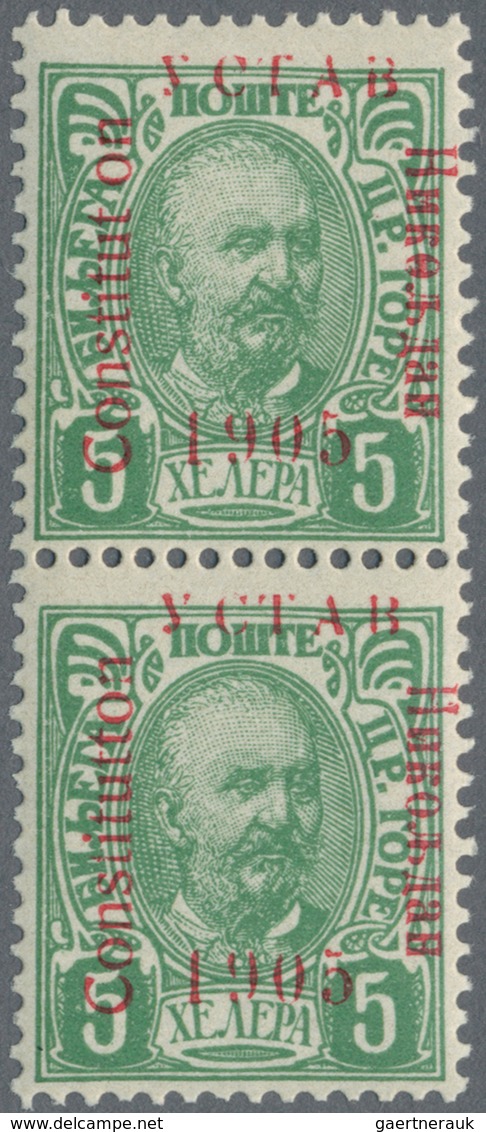 Montenegro: 1905, 1 H - 5 K 'constitution', 9 different values in vertical pairs, ovp type III (YCTA