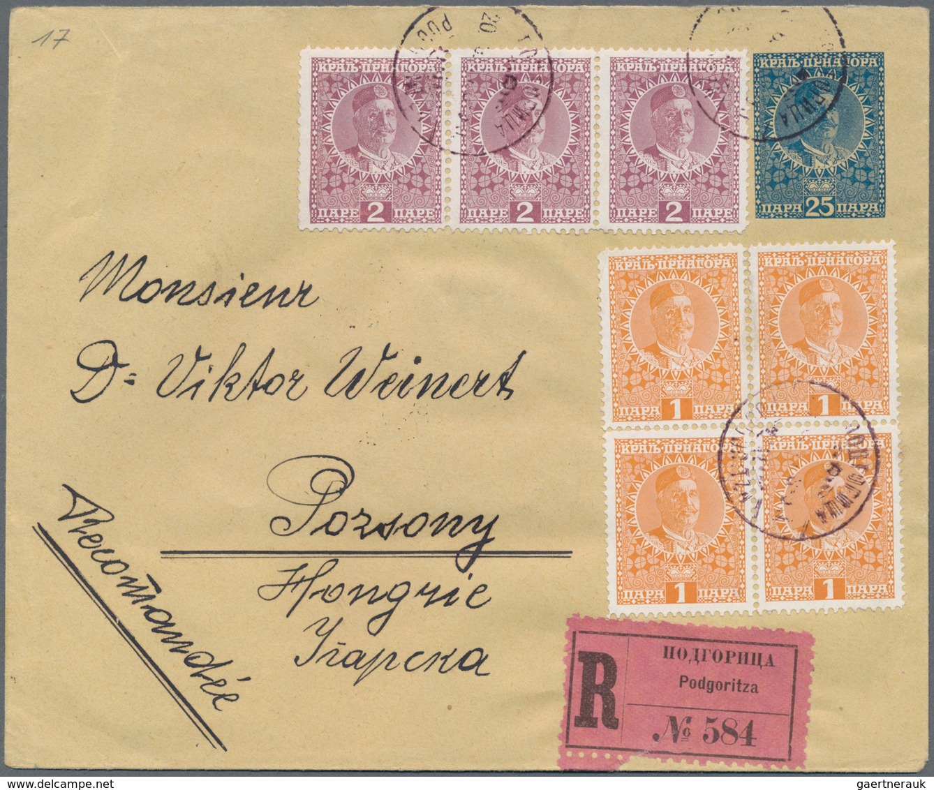 Montenegro - Ganzsachen: 1914, 25 P. Stationery Envelope With Additional 1 Para Block Of Four And 2 - Montenegro