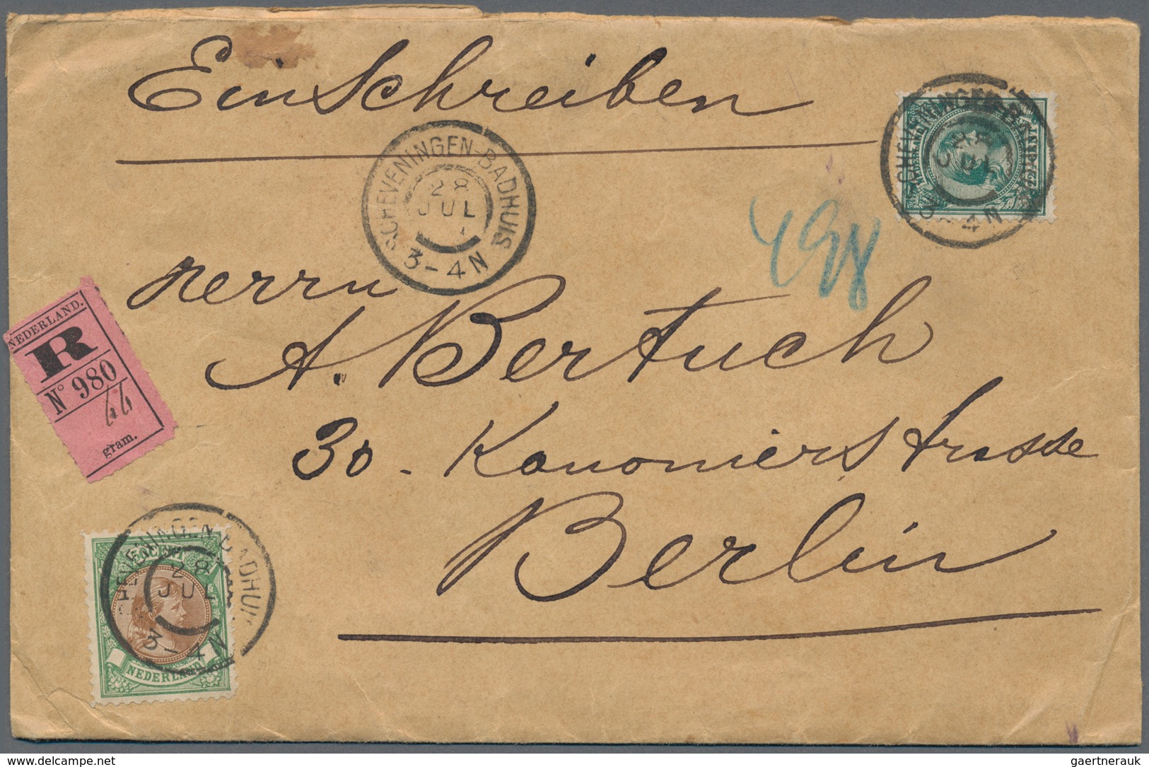 Niederlande: 1899, 22 1/2 C Blue-green And 50 C Green/brown Wilhelmina, Mixed Franking On Registered - Briefe U. Dokumente