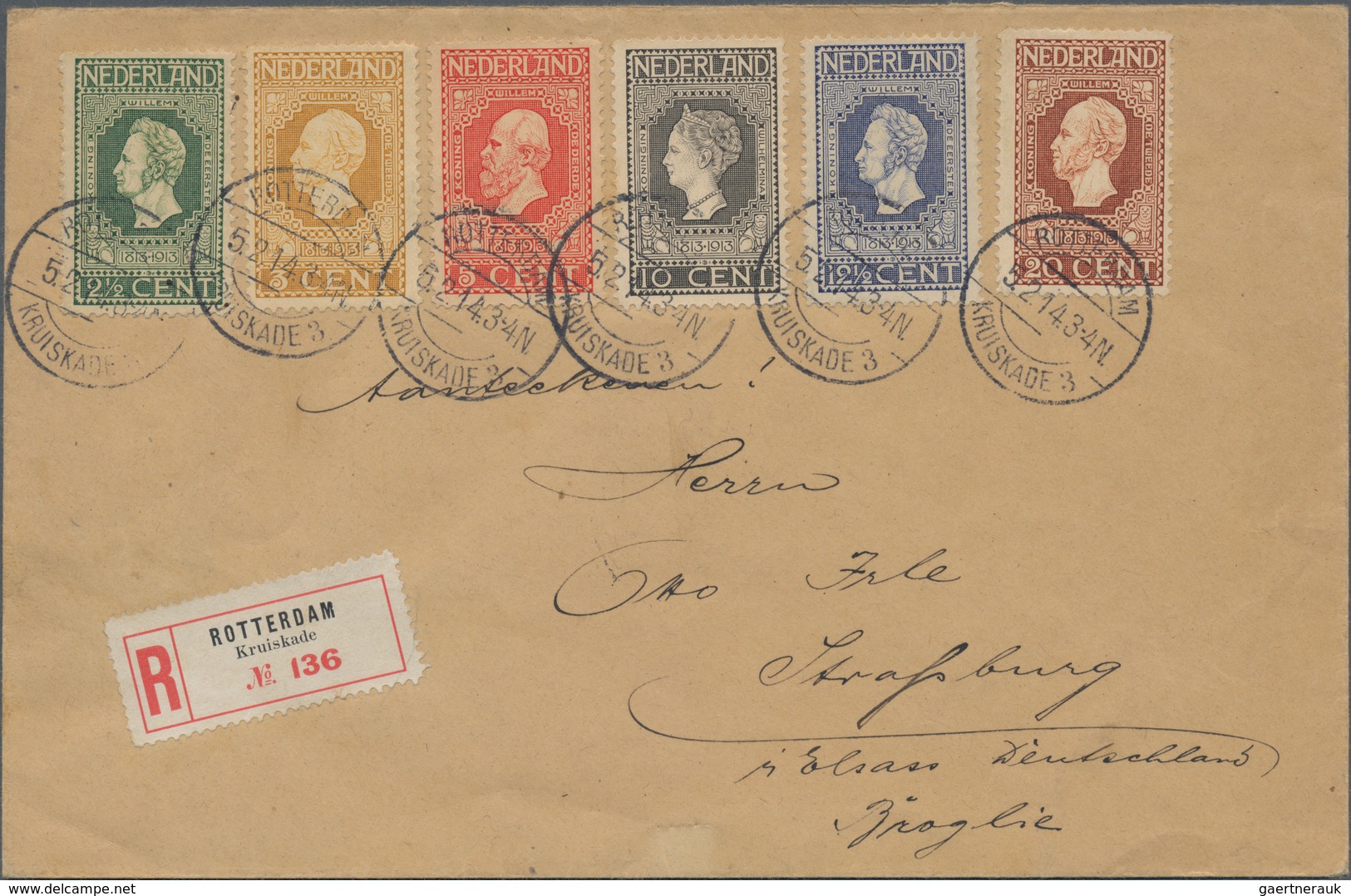 Niederlande: 1913, 100th Anniversary, 2½c.-20c., Attractive Franking On Registered Cover From "ROTTE - Brieven En Documenten