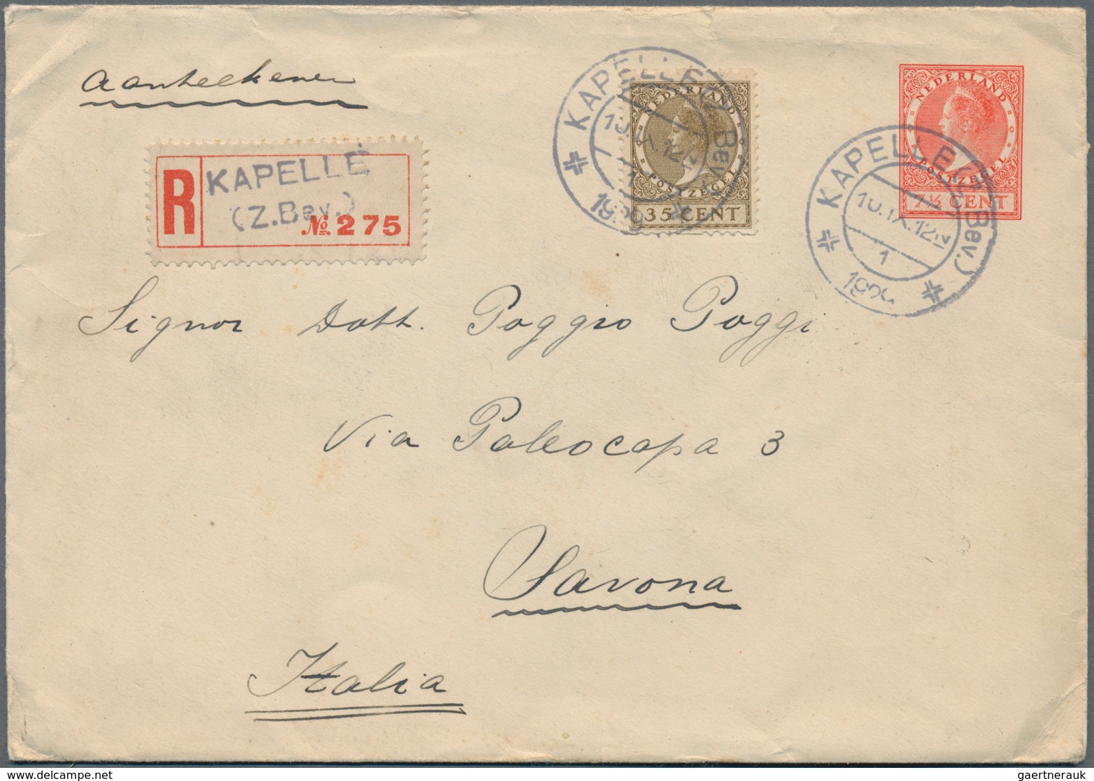 Niederlande: 1929, 35 C Brown-olive Roller Stamp Perforation B Additional Franking On 7 1/2 C Orange - Storia Postale