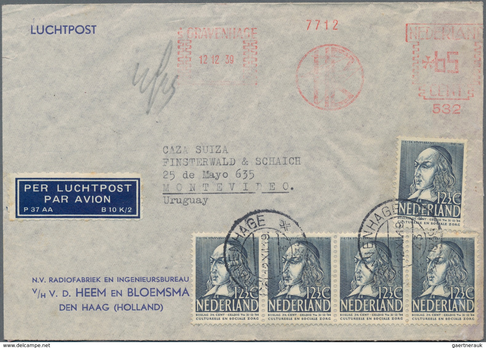 Niederlande: 1939, 12 1/2 C Black-blue Horizontal Stripe Of Four And Single Stamp Mixed Franking Wit - Covers & Documents